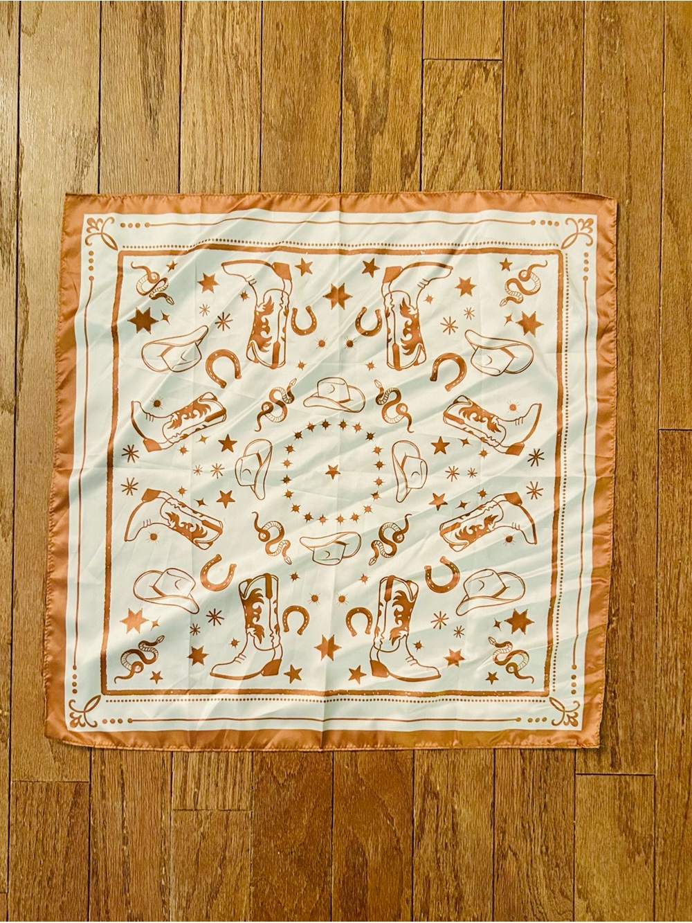 Western Print Satin Accent Scarf - Cream and Tan